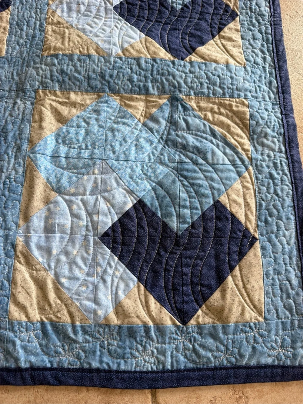Eileen Nudd vintage handmade quilt 55 x 55 Custom, long arm card trick blue sand